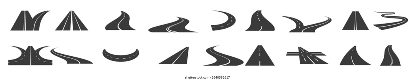 Curvy road elements. Perspective highway windings, winding road and highway path marking with direction signs. Vector isolated set