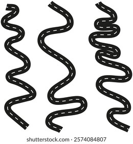 Curvy road icons. Black dashed paths. Abstract wavy shapes. Vector transportation symbols.