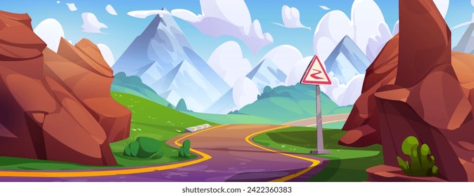 Camino curvado en el valle de montaña. Dibujo vectorial de la carretera sinuosa entre piedras con señal de tráfico de advertencia, paisaje rocoso en el horizonte, hierba verde en las colinas, nubes en cielo azul soleado