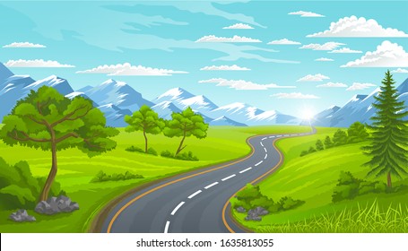 Curvy road with mountains. Rural landscape with trees and green lawns.Traveling and adventures on street in suburbs view, countryside natural scenery. Modern road look of highway leading straight