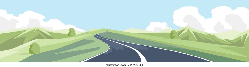 Curvy road on the hill. Asphalt road leading to the destination ahead. Rolling hills and green fields. Vector or Illustration transport and nature background for banner.