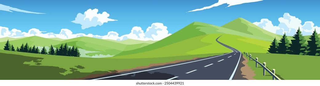 Curvy road on the hill. Asphalt road leading to the destination ahead. Rolling hills and green fields. forests and fog in the valley. Vector or Illustration transport and nature background for banner.
