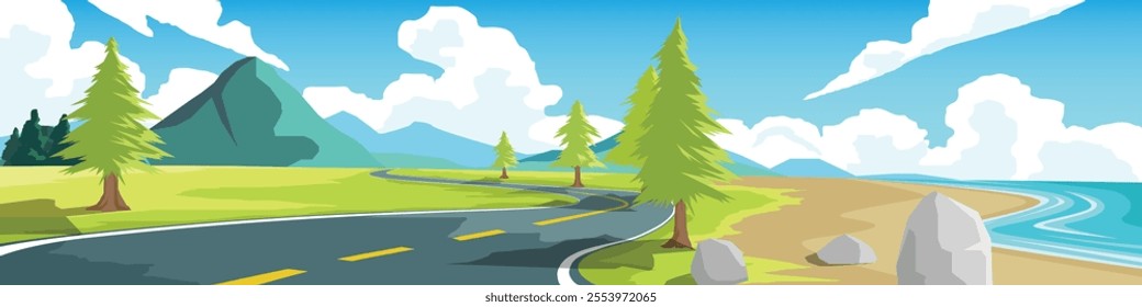 Curvy road on the meadow near sand beach. Asphalt road leading to the destination ahead. Green fields surrounded by hills and trees. Vector or Illustration transport and nature background for banner.