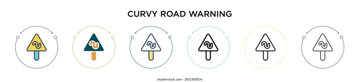 Curvy road warning sign icon in filled, thin line, outline and stroke style. Vector illustration of two colored and black curvy road warning sign vector icons designs can be used for mobile, ui, web