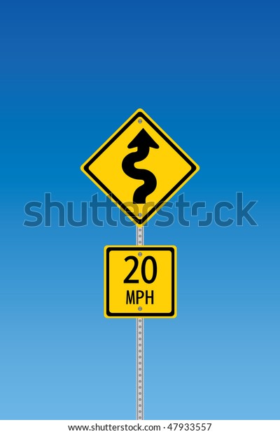 Curvy\
road warning sign with second sign saying 20\
mph