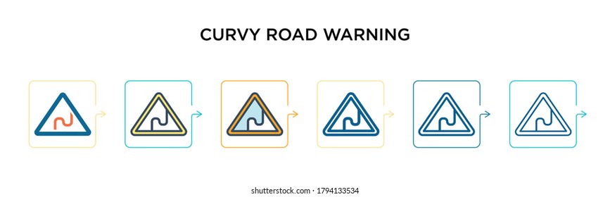 Icono vectorial de señalización de aviso de carretera curvada en 6 estilos modernos diferentes. Iconos de señalización de advertencia de caminos con curvas de color negro, diseñados en estilo relleno, contorno, línea y trazo. Se puede utilizar la ilustración del vector 