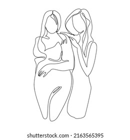 Curvy and slim women girlfriends continuous line vector drawing on white background.Positive girls minimal art.Beautiful character for lifestyle design.Positive person. Beauty female different bodies