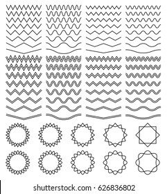 Curvy waves and zigzag striped lines and round jagged frames vector set