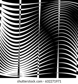 Curvy, waving lines abstract geometry element. Monochrome distorted stripes, random lines pattern