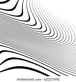 Curvy, waving lines abstract geometry element. Monochrome distorted stripes, random lines pattern