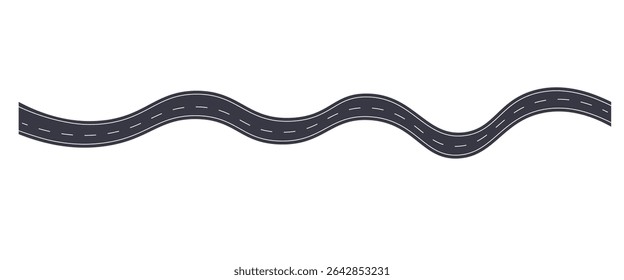 Curvy Wavy Road Path Vector Illustration with White Lane Lines on Dark Asphalt Highway isolated on white background eps10