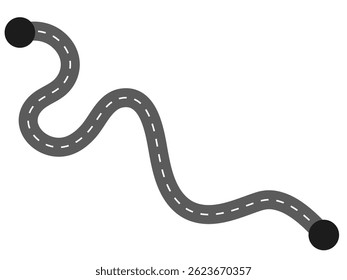 Curvy or winding asphalt road with a start and an end point. Isolated vector graphics on a white background.