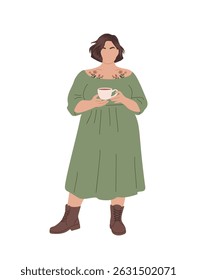 Curvy woman in boho style dress and boots holding a cup of tea or coffee. Full length fashionable female character. Flat vector illustration isolated on white background.