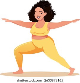 Curvy Woman Doing Yoga Warrior Pose Body Positive Fitness Illustration