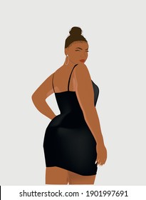 Curvy woman in dress vector illustration. Flat vector minimalistic character - young ethnic woman. Nude colours. Body type, beauty, body positive concepts