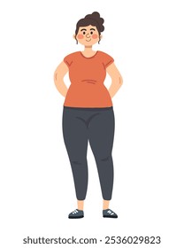 Curvy woman in exercise clothes, smiling and motivated, simple illustration style
