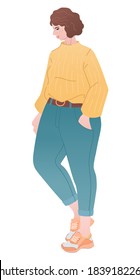 Curvy woman in fashion modern outfit  Fashionista in cozy sweater  mom jeans   ugly sneakers    full body portraits  Young girl in fall look 2020  Fashion sketch stylish female outfit