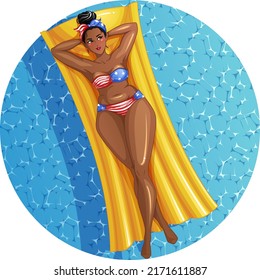 Curvy woman in flag bikini enjoying 4th of July in the pool