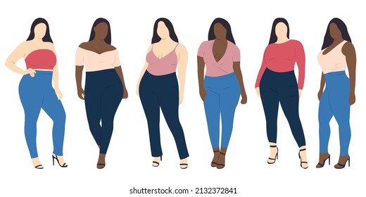 Curvy Woman In Jeans And Blouse Vector Illustration. Plus Size Women Clothing. 