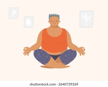 Curvy Woman in Lotus Pose – Body Positive Meditating Female Vector Illustration for Yoga, Wellness, Self-Care, Mindfulness and Mental Health Projects