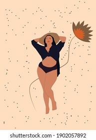 Curvy Woman On The Beach Vector Illustration. Flat Vector Minimalistic Character. Nude Background With Abstract Flower. Print.