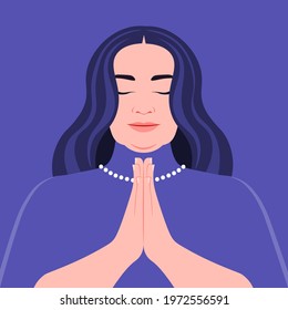 A curvy woman is praying God. Face with closed eyes. Meditation. Vector flat illustrations