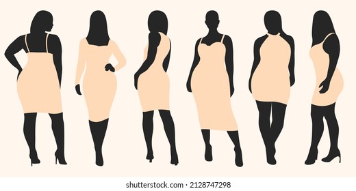 Curvy Woman In Summer Dress Vector Set. Women Silhouette. 