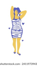 Mujer curvada con un vestido apretado con un texto impreso del lema Ama tú mismo. Concepto positivo corporal. Ilustración vectorial dibujada a mano aislada