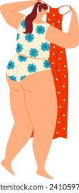 Mujer curvada tratando de vestir el vestido de verano, mira sobre el hombro. Positividad corporal, ilustración vectorial de elección de moda.