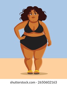 
Curvy Woman Wearing a Black Bathing Suit Vector Cartoon Illustration. Super confident plus size model of African ethnicity wearing a swimsuit 