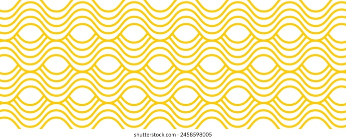 Líneas Horizontales amarillas curvas. Patrón de ramen o fideos. Fondo de pasta, tagliatelle o capellini. Textura ondulada de espagueti. Estampado de comida tradicional italiana, china de Japón. Ilustración vectorial.