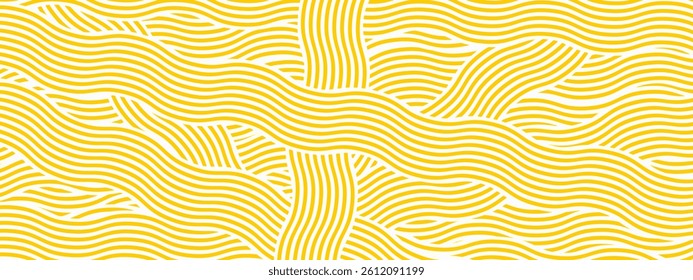 Curvy yellow lines in chaotic arrangement. Ramen, pasta or noodle texture. Tagliatelle, spaghetti or capellini background. Traditional Italian, Chinese of Japanese food print. Vector illustration.
