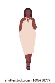 Curvy young woman flat vector illustration. Plump african american girl cartoon character wearing white evening dress. Body positive, plus size model appearance. Female isolated on white background.