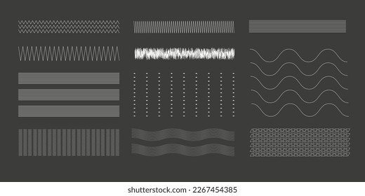 Curvy and zigzag line. Different thin line wave. Squiggle vector curve. Sinus dot amplitude. Dotted rows. Corrugated wavy sequence. Sine waveform
