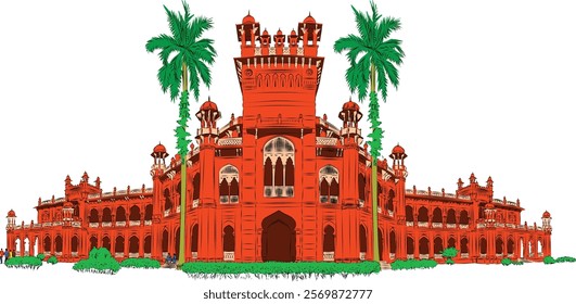 Curzon Hall Vector Illustration. Dhaka University Science Faculty Building. Class room of Varsity. Rickshaw Painting style Curzon Hall Illustration. 