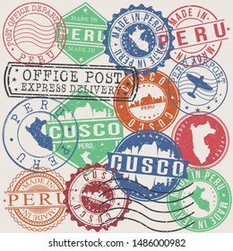 Cusco Peru Set of Stamps. Travel Stamp. Made In Product. Design Seals Old Style Insignia.