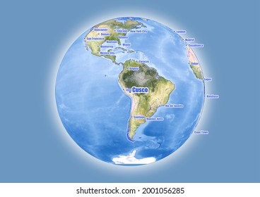 Cusco-Peru is shown on vector globe map. The map shows Cusco-Peru 's location in the world.