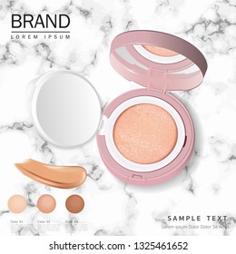 Cushion Compact foundation ads, attractive makeup essential product with texture isolated on glitter background, 3d illustration,