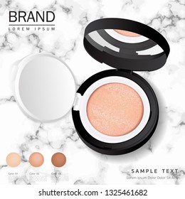 Cushion Compact foundation ads, attractive makeup essential product with texture isolated on glitter background, 3d illustration,