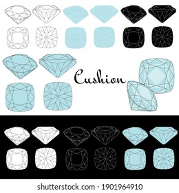 Cushion cut. Cutting gems stones. Types of diamond cut. Four sides of jewelry with facets for background, carving and coloring. Black, white and color variants. 