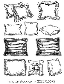 Cushion drawing. Home bedroom Pillow sketch. Cozy hand drawn feather orthopedic bedding lay in stack. Interior comfortable sketch elements. Vector textile sleeping accessories set