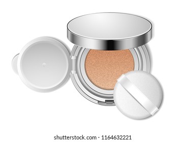 Cushion face foundation case. Compact powder silver luxury package in 3d vector realistic style with internal cover and sponge tool. Mockup for branding and ads. Top view on opened  plastic box.