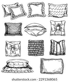 Cushion. Home bedroom Pillow sketch. Cozy hand drawn feather orthopedic bedding lay in stack. Interior comfortable sketch elements. Vector textile sleeping accessories set