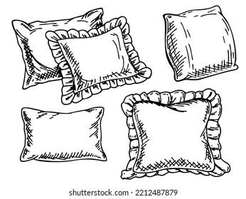 Cushion sketch. Home bedroom pillows. Cozy hand drawn feather bedding lay in stack. Interior comfortable sketch elements. Vector engraving bedroom, living room interior cozy soft accessories set