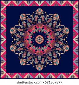 Cushion, square rug, ethnic shawl with flower mandala and ornamental frame. Greeting card, wedding invitation. Vector image.