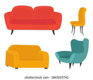 Cushioned furniture multicolored set. Sofa and armchair living room furniture design concept modern home interior element couch and chair on white background. Modern divan with soft cloth upholstery