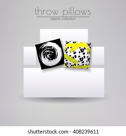 Cushions cover design set. Throw pillows collection. Two cushions lying on the white sofa.