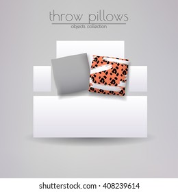 Cushions cover design set. Throw pillows collection. Two cushions lying on the white sofa.