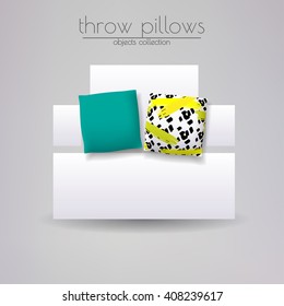 Cushions cover design set. Throw pillows collection. Two cushions lying on the white sofa.