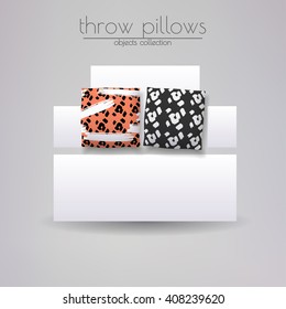 Cushions cover design set. Throw pillows collection. Two cushions lying on the white sofa.